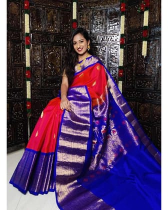 RED GADWAL SAREE,Contrast Blouse Gadwal Silk,Butti Gadwal Pattu