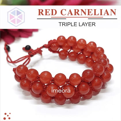Certified Three Layer Bracelets - Handmade Three Layers Rope Beaded Woven Adjustable Bracelet-Red Carnelian