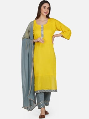 Yoke Design Pure Cotton Gotta Patti Kurta With Trousers & Dupatta