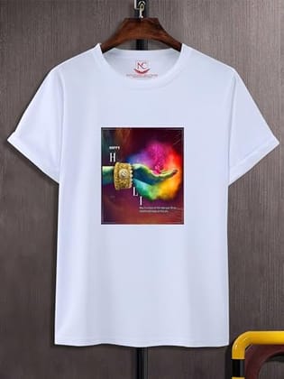 NITYANAND CREATIONS Round Neck White Holi T-Shirt for MEN-HOLI-T-SHIRT-11545-L