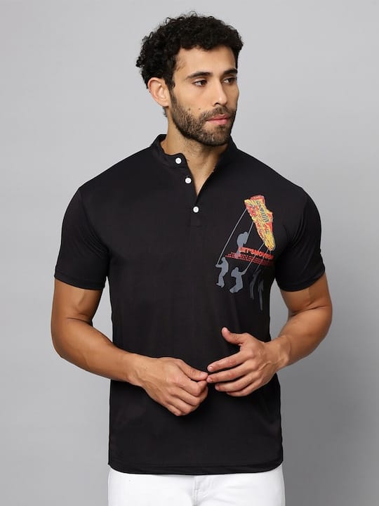 Graphic Printed Henley Neck Cotton T-shirt