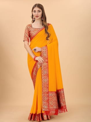 Yellow & Red Zari Silk Blend  Saree