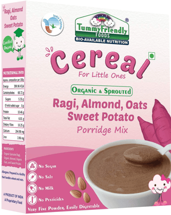 TummyFriendly Foods Certified Organic Sprouted Ragi, Almond, Oats, Sweet Potato Porridge Mix, Made of Sprouted Whole Grain Ragi, Rich in Calcium, Iron, Healthy-Fat, Fibre & Micro-Nutrients, 200 gm