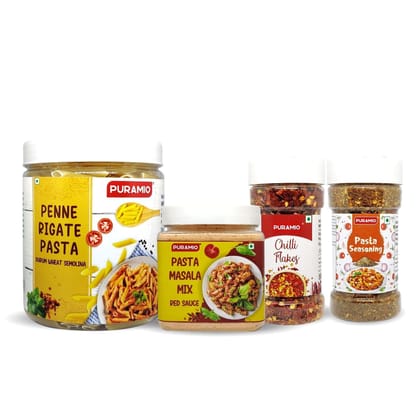 Puramio Pasta Combo Pack Penne Rigate - Durrum Wheat Semolina Pasta, 600 gm, Pasta Masala Mix - Red Sauce, 250 gm, Pasta Seasoning, 100 gm & Chilli Flakes, 70 g