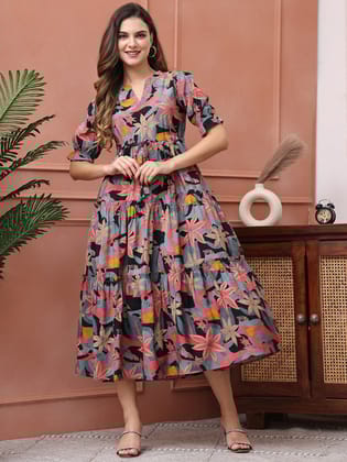 Black Color Floral Printed Premium Chanderi Dress For Women-S
