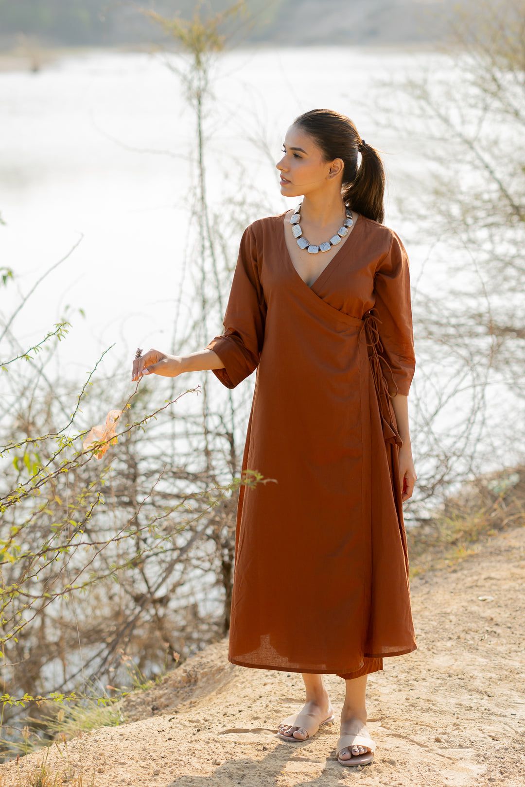Mocha Brown Wrap Kurta Set-S
