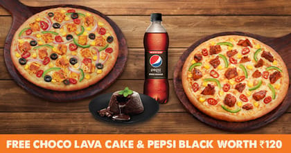 Any 2 Big 10" Pizzas [FREE Choco Lava Cake & Pepsi] __ Pan Tossed,Double Cheese Margherita [BIG 10''],Pan Tossed,Double Cheese Margherita [BIG 10''],1 FREE Pepsi [250 Ml]