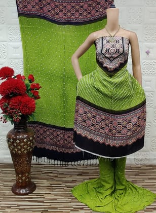 Original Ajrakh Print with Heavy Hand Crafted Bandhani Work Bandhani Material (Unstitched)-Green