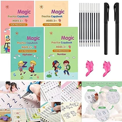 SMARTCAM Magic Practise Copybook (4 Book + 10 Refills + 2 Pen + 2 Grip) Number Tracing Book for Preschoolers with Pen, Magic Calligraphy Copybook Set For Boy and Girls (Multicolor)
