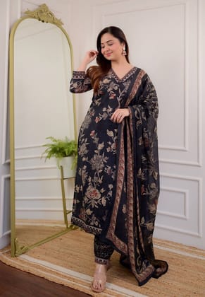 Beautiful Designer Black Pure Cotton Full Stitched Kurti Pant with Dupatta-L