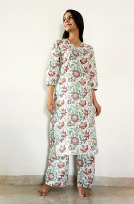 Blanched Hand Block Printed Long Kurta Pajamas