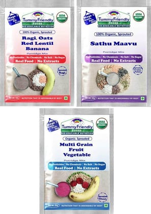 TummyFriendly Foods Certified Stage3 Porridge Mixes Trial - Ragi, Sathu Maavu, Multi Grain, Organic Baby Food For 8 Months Old Baby, 50 gm Each Cereal (Pack of 3)