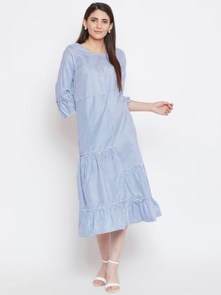 Women Blue & White Striped A-Line Midi Dress
