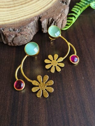 Handmade Monalisa Stone Leaf Stud Earrings for Special Occasions | Sarichka-Mint Blue+Red