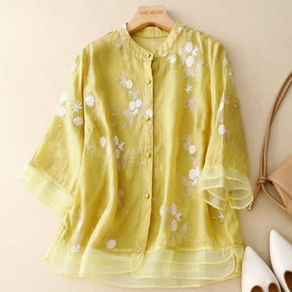Pure Cotton Embroidered Shirt-Yellow / S