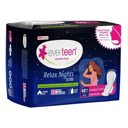 everteen XXL Relax Nights Ultra Thin 40 Sanitary Pads with Neem and Safflower, Menstrual Cramps Roll-On Inside Pack-1 Pack