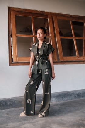 Friday Flared Pants Green Triangle Printed-XS