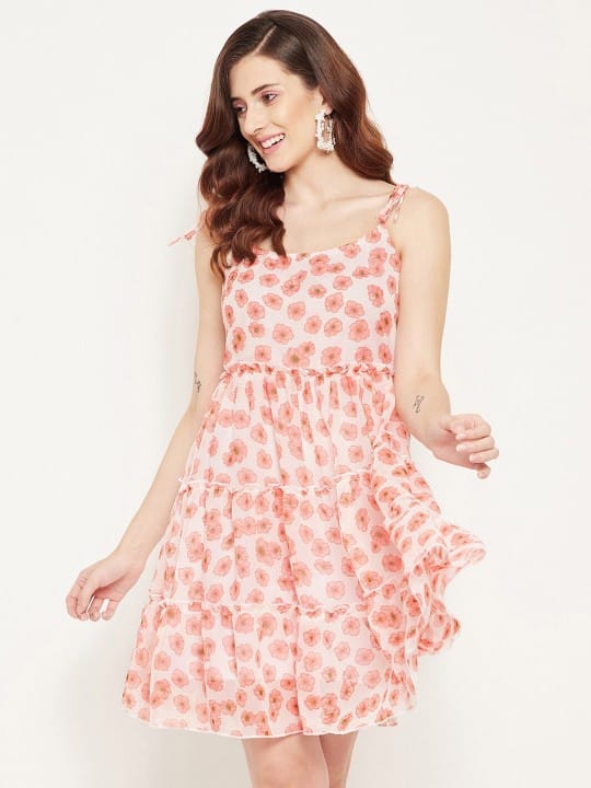 Floral Print Shoulder Strap Georgette Fit & Flare Dress
