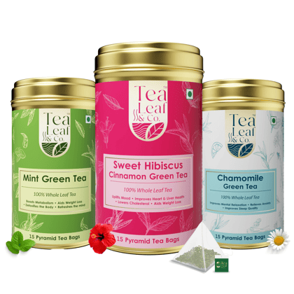 Mint Chamomile & Sweet Hibiscus Pyramid Green Tea Combo Relaxation & Sleep Quality 15 Pyramid Tea Bags Each Pack of 3