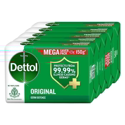 Dettol Original Germ Protection Bathing Soap Bar (750gm) | Kills 99.99% germs, 150 - Pack of 5 (packaging may vary)