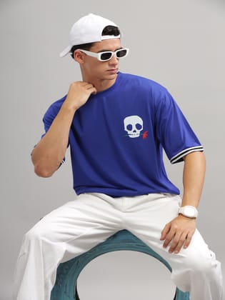 Gritstones Men Blue Oversized Skeleton White Tapping T-Shirt