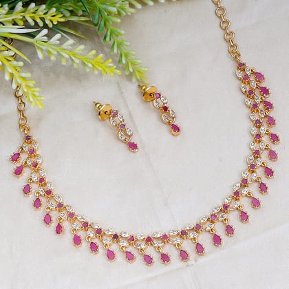 Elegant Ruby and Diamond Teardrop Necklace Set with Gold Finish