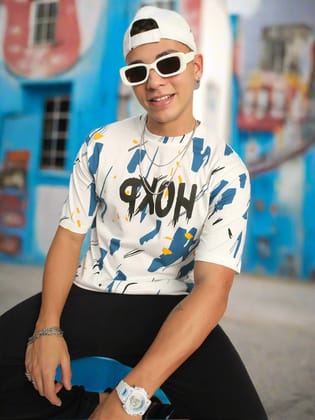 Abstract Print : Oversized Baggy All Over Printed White, Blue Tshirts for Men & Boys-XL