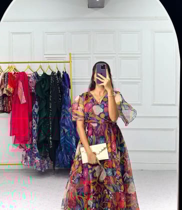 Fabulous Multi Color Digital Print Organza Drees