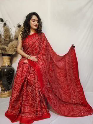 Modal Silk Bandhani Print Saree-Red