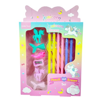 Stationery Kit || 6 Pencil + 4 Eraser, 1 Scale, 1 Sharpener & 1 Handgrip-Unicorn