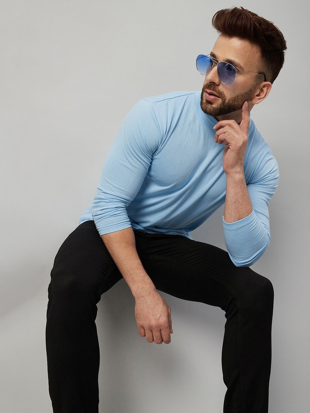 Gritstones Men Sky Blue High Neck Cotton Solid T-Shirt