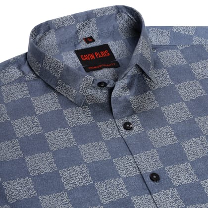Blue Checkered Maze Pattern Slim Fit Full Sleeve Shirt (GP252)-M-38 / Full Sleeve