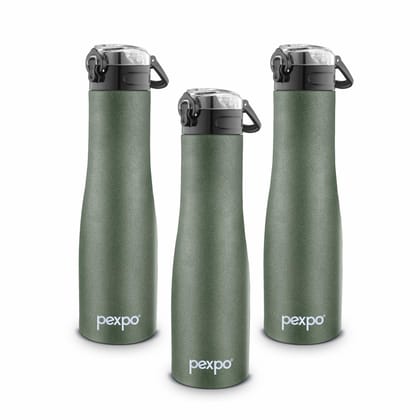 PEXPO Stainless Steel Sports Water Bottle, 1000ml, Pack of 3, Military Green, Monaco | Eco-Friendly & Leak-Proof Water Bottle