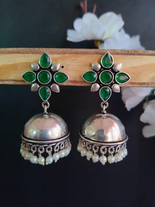 Trendy German Silver Pearl Jhumka Earrings for Elegant Style | Sarichka-Green