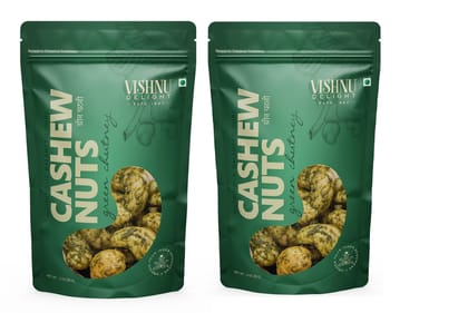 Vishnu Delight Premium Quality Green Chutney Flavored Cashews 85gm Pouch - Rich in Protein, Fiber, and Healthy Fats, Perfect for Healthy Snacking on-the-go Pack of 2