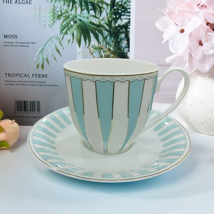 American Brunswick  Luxury Cup and Saucer Set Classic Stripe Porcelain (Set of 6)-Green Stripe