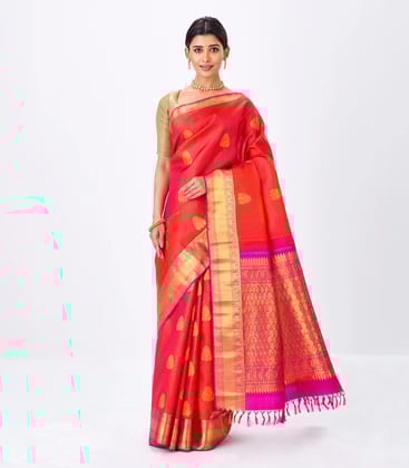Orange Handloom Kanchipuram Silk Saree With Zari Checks & Buttas-Orange