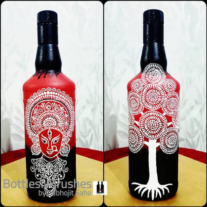 Hand Painted Bottleart with Goddess Durga and Tree for Home Decor - Bottles & Brushes