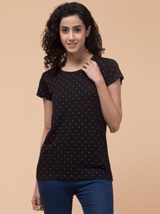 Hive91 Womens Black T-Shirt with BabyPinkPolkaDots (Round Neck) XXL