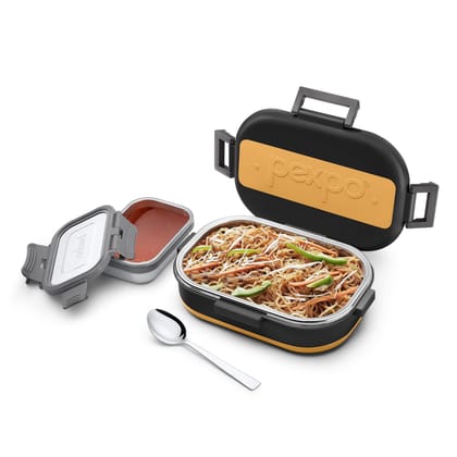 PEXPO Stainless Steel PU Insulated Tiffin Box for Kids with Anti-Skid Rubber Base & Separate Container, Black, Grip & Lock | Leak-Proof & BPA-Free