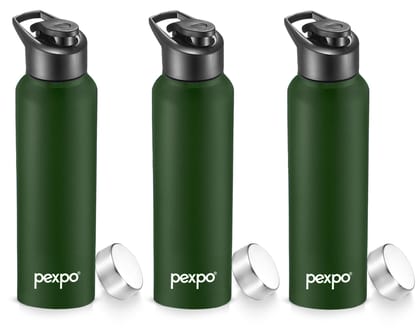 PEXPO Stainless Steel Sports/Fridge Water Bottle, 1000 ml, Military Green, Chromo Xtreme with Sipper & Steel Cap | Eco-Friendly & Leak-Proof Water Bottle (Pack of 3)