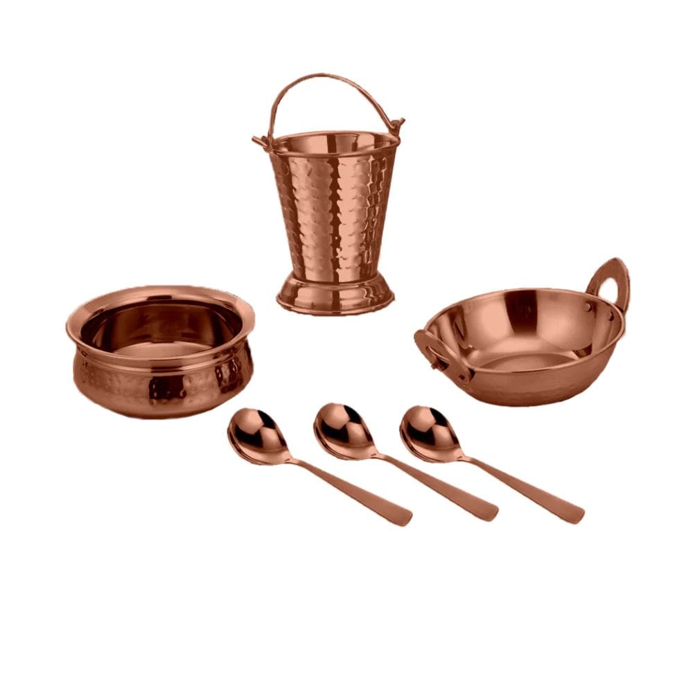 DeStellar Daawat Hammered Stainless Steel Serving Sets | Rose Gold | Set of 6 Pcs
