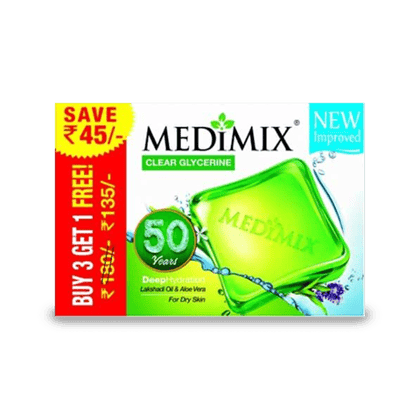 Medimix Clear Glycerine Deep hydration Lakshadi Oil and Aloe Vera Bathing Soap for Dry Skin 100g (Buy 3 Get 1 Free), 300 gm Box
