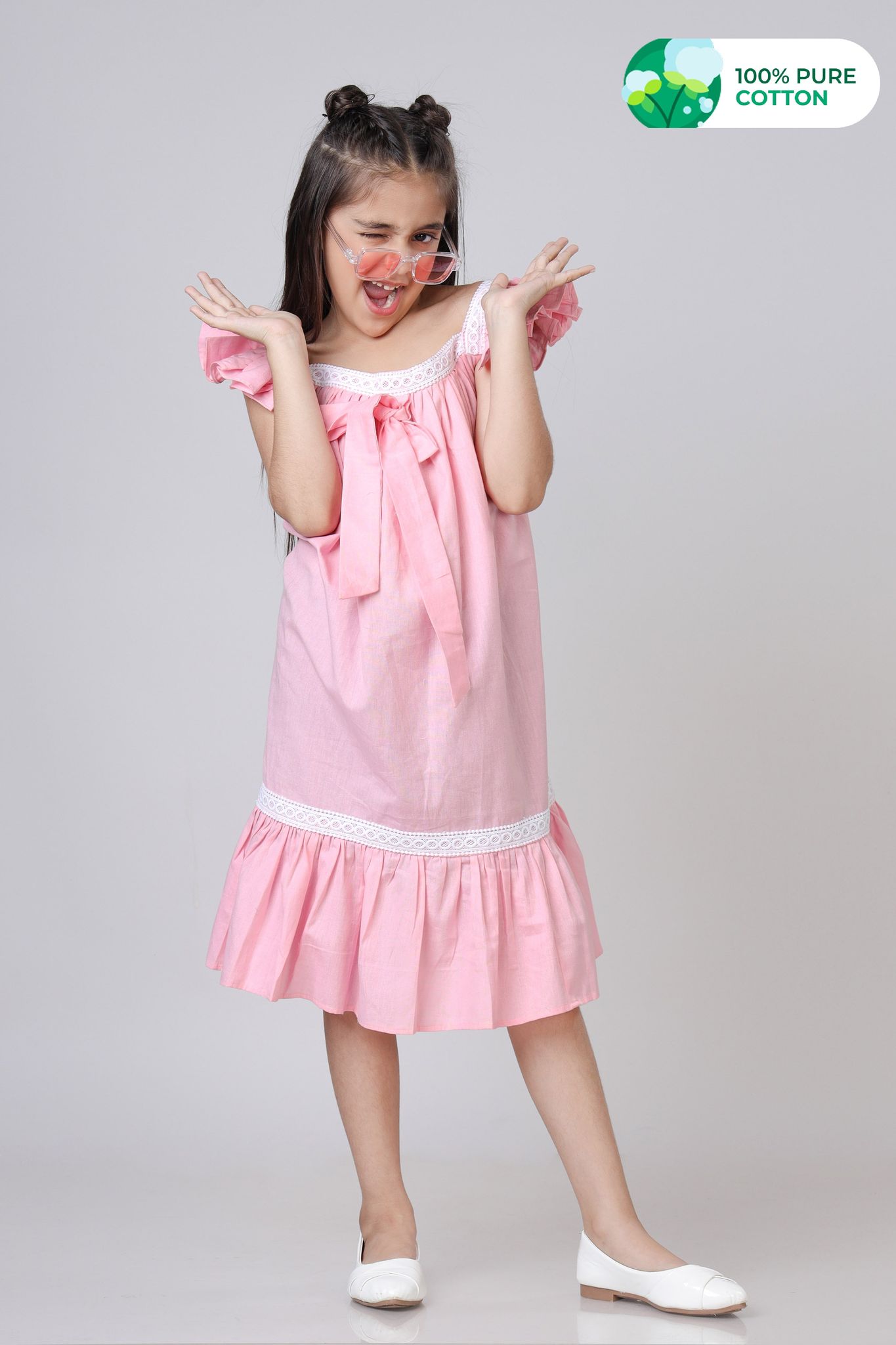 Girls Butterfly Sleeve Contrast Ruffle Hem Lace Work Dress-1 Year / Careys Pink / KDR0089- F-PLCF0005 -1.5 MTR-NIL-NIL-NIL-LACE (LC-8100240)-1.20 MTR-THR013-NIL-NIL-NIL-NIL-NIL-NIL