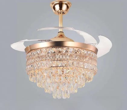 Warm White Crystal Chandelier with Retractable Blades and silent Motor