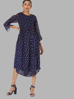 Navy Blue Floral Georgette A-Line Midi Dress