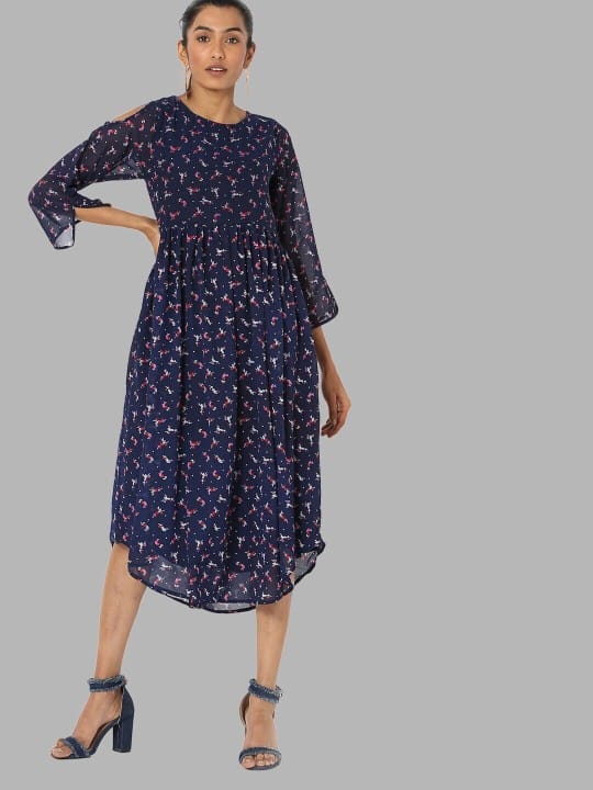 Navy Blue Floral Georgette A-Line Midi Dress