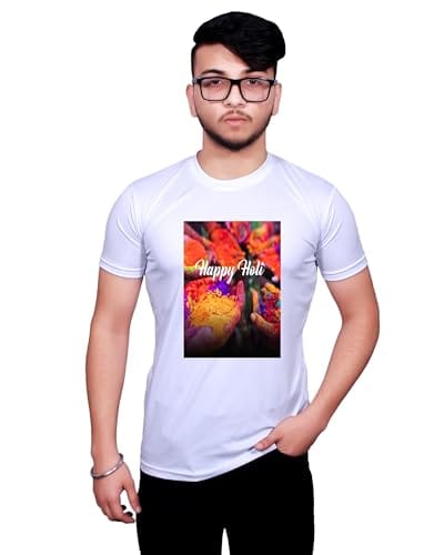 NITYANAND CREATIONS Round Neck White Holi T-Shirt for MEN-HOLI-T-SHIRT-11523-M
