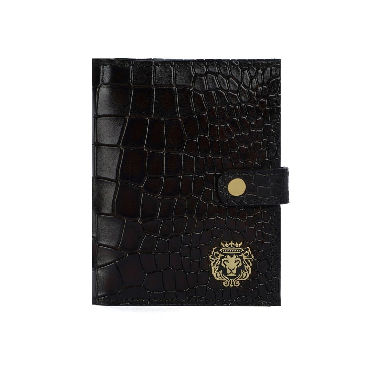 Stylish Deep Cut Croco Smokey Dark Brown Leather Button Closure Passport Holder By Brune & Bareskin-FS