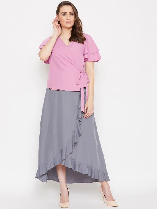 Women Wrap Top and Ruffled Skirt